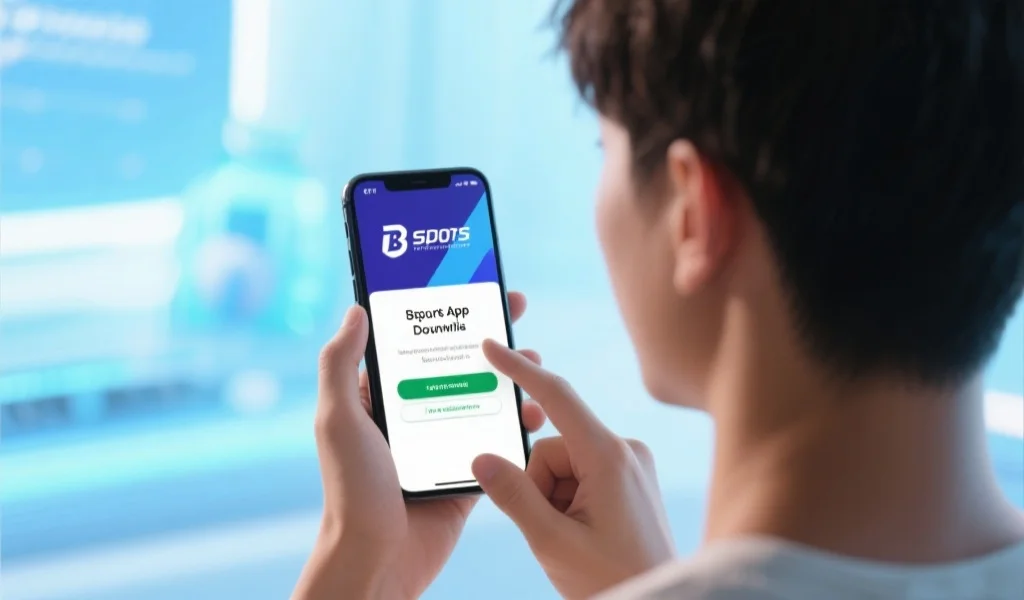 一位年轻用户正用手机浏览b体育app下载页面,背景为明亮、安全的数字环境