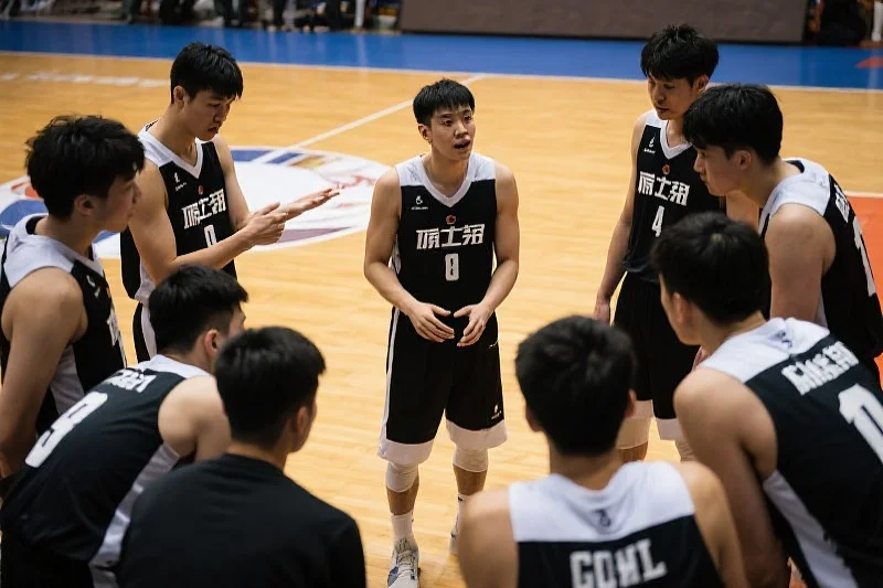 李明在比赛暂停时与队友进行战术交流